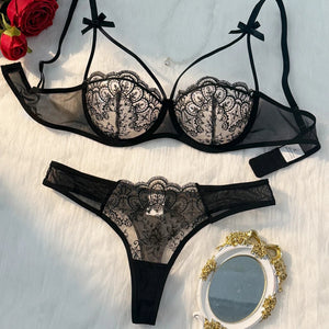 Ensemble Lingerie Femme 2 Pièces Push-Up Semi-Transparent avec Nœud