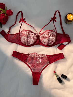 Ensemble Lingerie Femme 2 Pièces Push-Up Semi-Transparent avec Nœud