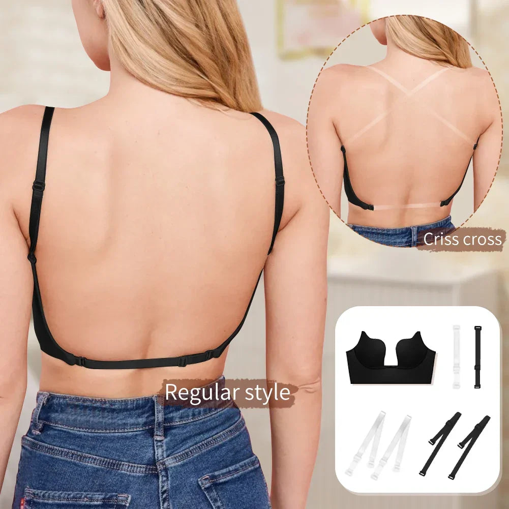 Soutien-gorge Push-up Dos Nu Varsbaby avec Bretelles Transparentes - Décolleté Plongeant 3/4 Bonnet