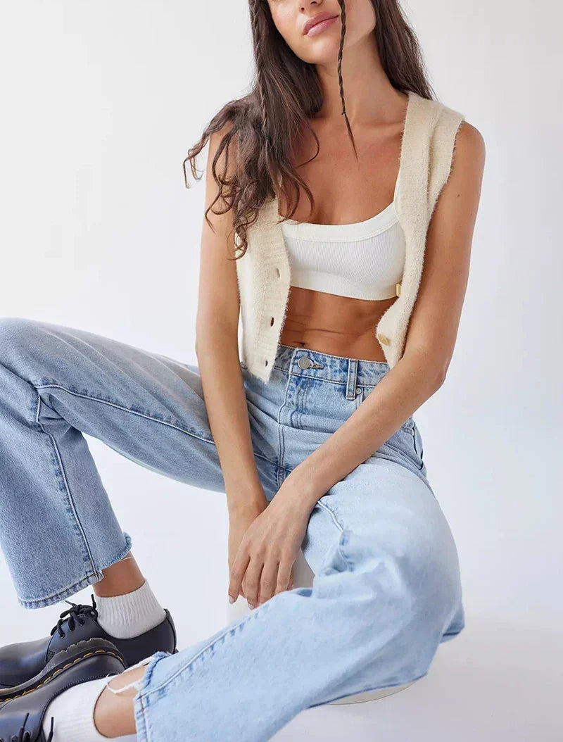 Top Tube Tricoté en Coton Femme - Débardeur Côtelé Élastique Sans Manches Style Streetwear