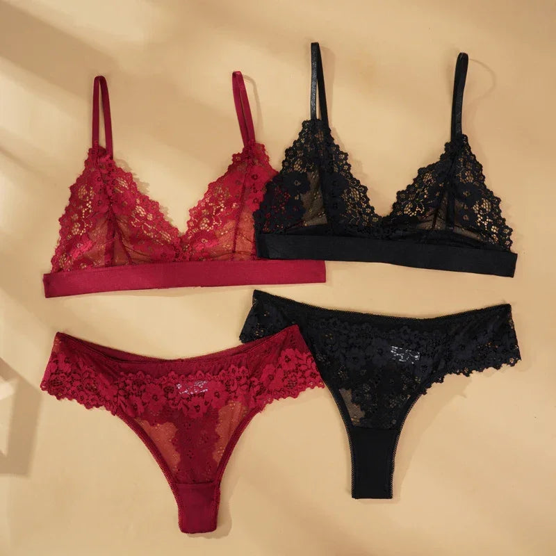 Ensemble Soutien-gorge et Culotte en Dentelle Ultra-fine Sans Armatures - Lingerie d'Été Transparente et Respirante