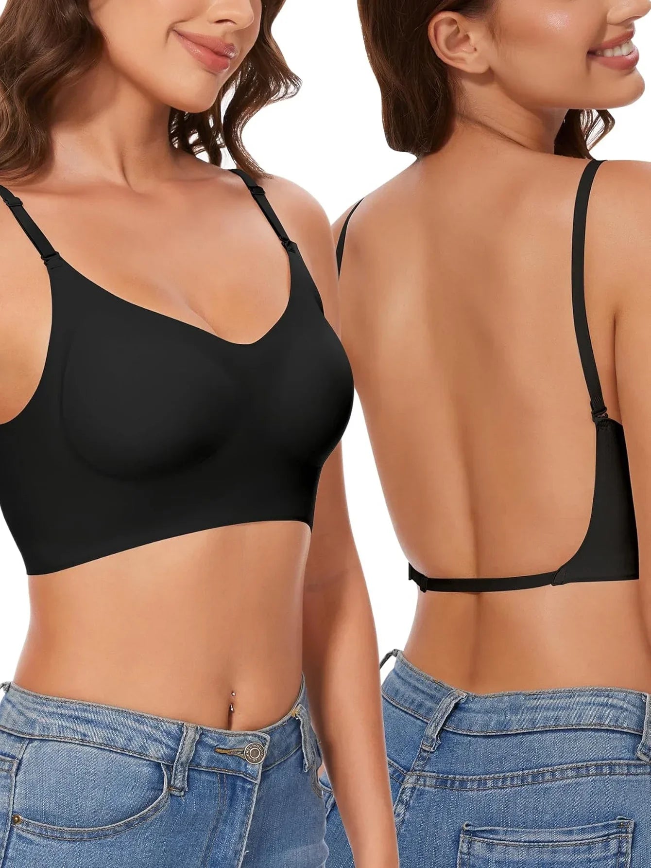 Soutien-gorge Invisible Push-up Décolleté Plongeant avec Bretelles Transparentes - Dos Nu Sans Armatures